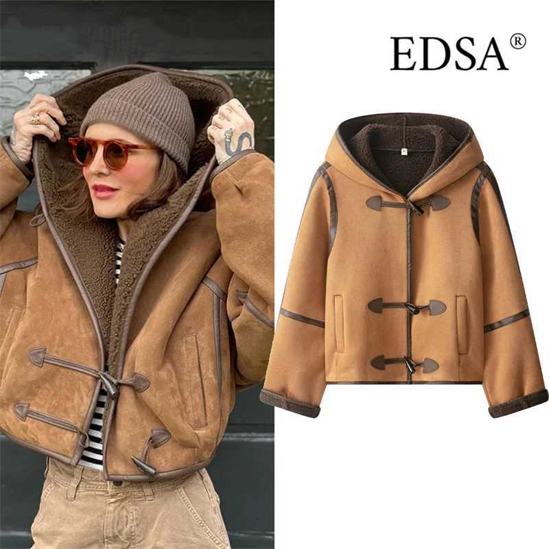 EDSA Women Hooded Faux Fur Jacket Coat Loose Button Lamb Wool Full Sleeve Jacket 2025 Autumn Winter Warm Thicken OutwearT251201