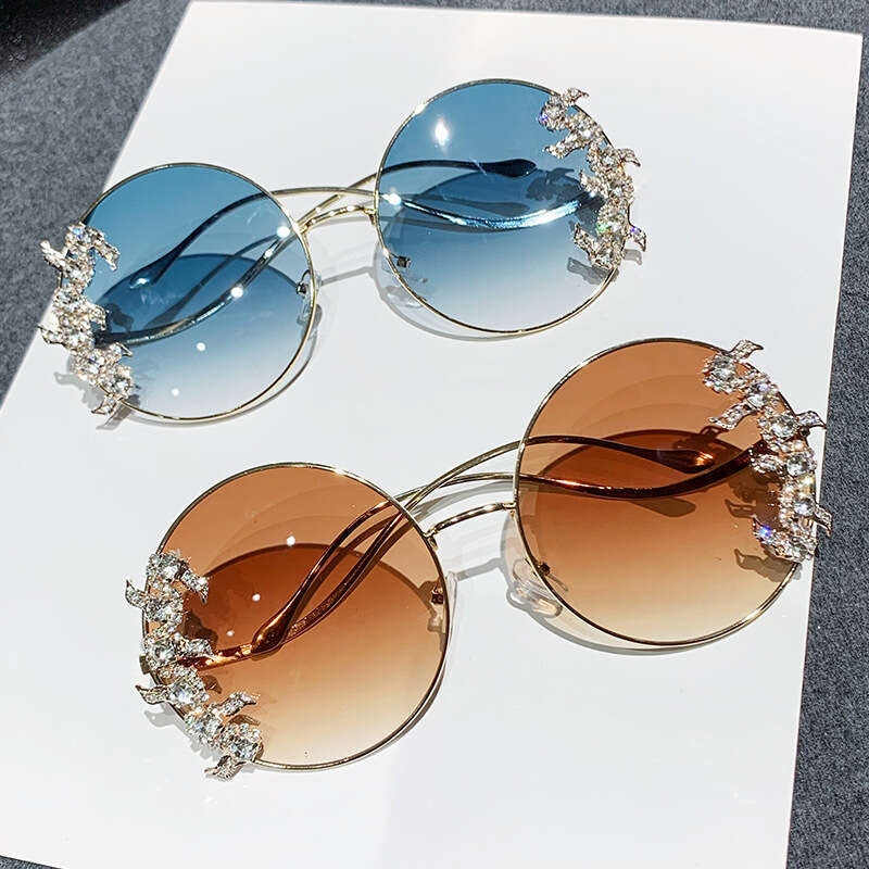 New anti blue light frameless cut edge inlaid diamond sunglasses, fashionable round rhinestone sunglasses with wave design, leg sunglasses, sunshade g