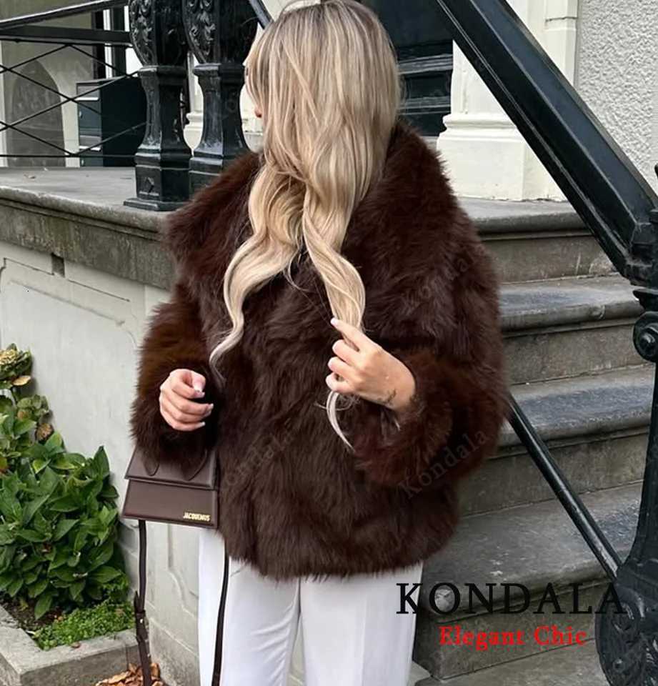 KONDALA Elegant Fur Coat Women Fall Winter Fashion Warm Faux Fur Brown Coat 2025 New Fashion Vintage Casual Female Jacket CoatT251201