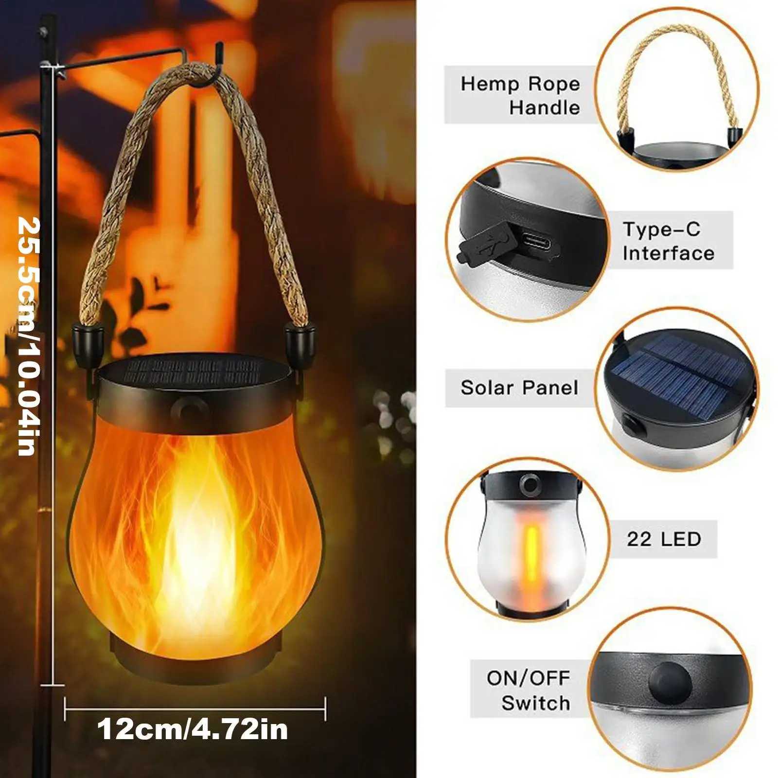 2/4x Solar Lamp Outdoor Camping Flame Lamp Rechargeable Hanging Courtyard Decoration Garden Lantern Lighting Lamp With Hemprope M251201