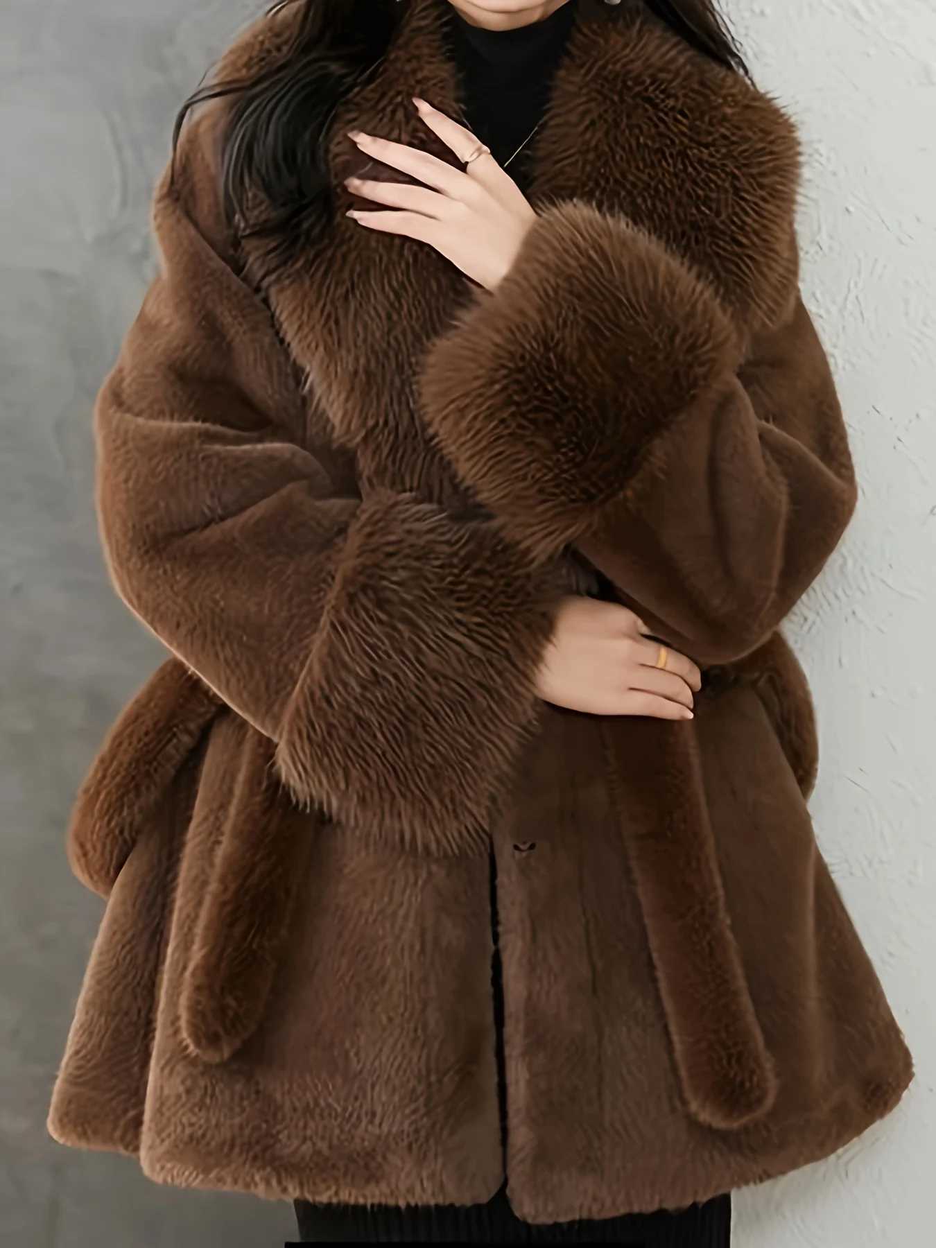 Luxurious Faux Fur Hood Brown Coat Warm Winter Elegance Textured Outerwear with Belt Shop NowT251201