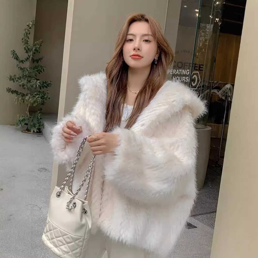2025 Winter Women Loose Artificial Fur Jacket Plush Fur Trim Hooded Mink Fur Coat For Female Minimalist Lady Eco Fur OutwearT251201