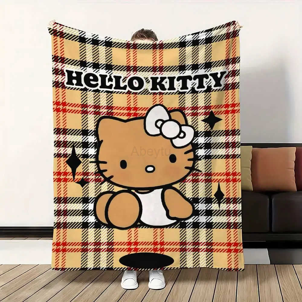 Sanrio Cute Throw Blanket for Sofa Luxury Blankets Kawaii Cat Hellos Checkered Pattern Home Interior Fluffy Plaid Microfiber Bedding H251201