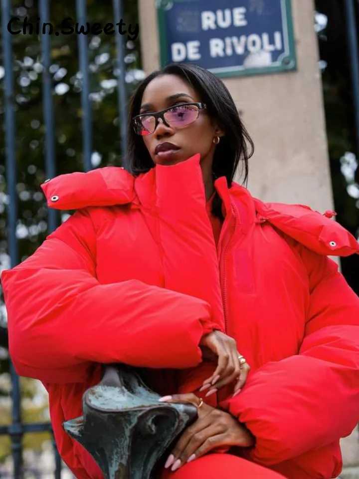 Warm Womens Hooded Cotton Padded Coats Loose Solid Stand Collar Full Sleeve Zipper Pockets Coat 2025 Autumn Winter Lady OutwearT251201