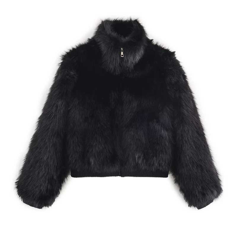 Black Faux Fur Bomber Jacket for Women - High Collar Zipper Closure Soft Fluffy Texture Stylish Cold-Weather CoatT251201
