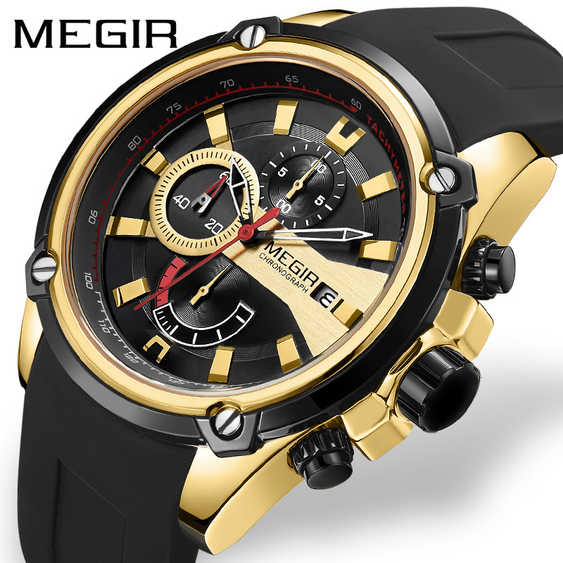 MEGIR Designer Men's Watch True Three Eyes Multi-function Sports Silicone Quartz Watch Watch Men2086 Versatile Business Leisure Luxury Wristwatch