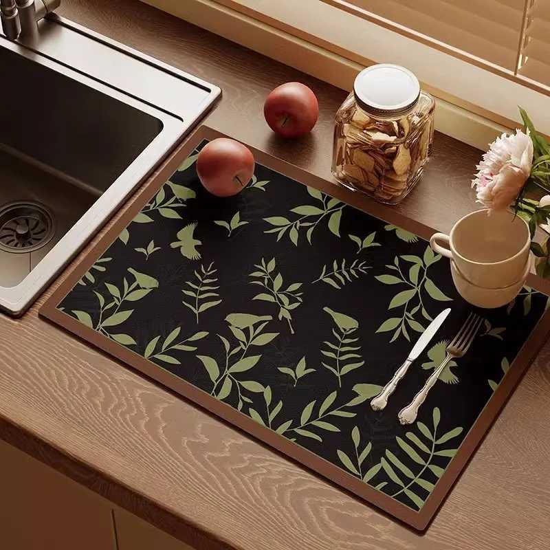Retro Green Leaf Absorbent Mat Kitchen Antiskid Draining Coffee Dish Drying Quick Dry Bathroom Drain Pad Tableware Mats Decorate Y251201