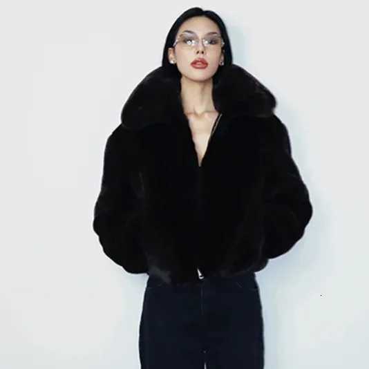 Black Winter Women Artificial Fur Jacket Stand Collar Zipper Eco Fur Coat For Lady Coat Thickened Thermal Female Fluffy Fur CoatT251201