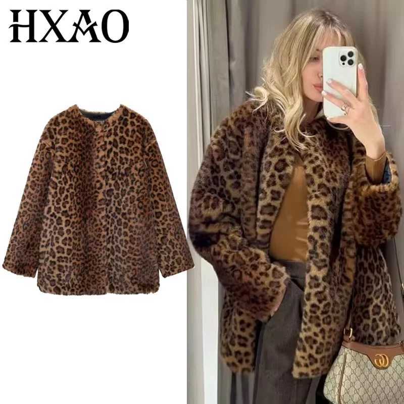 HXAO Parkas Womens Coats Winter Leopard Faux Fur Coat Warm Vintage Autumn Plush Jacket Outerwear Long Sleeve Furry Coats WomanT251201