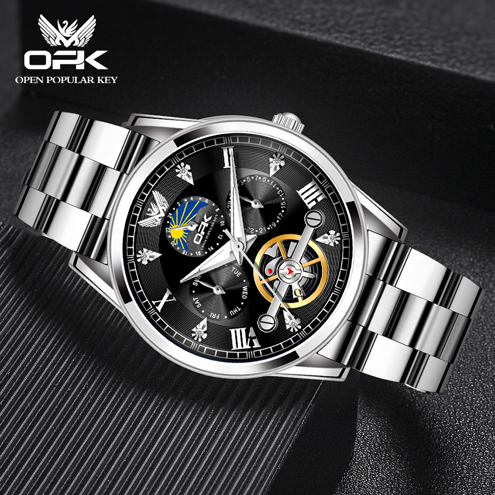 OPK Free Shipping New Designer Watch Dropshipping Fake Tourbillon Steel Band Calendar Luminous Quartz Watch Men's Watch Male Watch