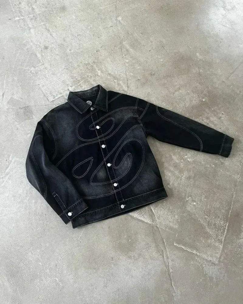 Patch Jeans Retro Striped Embroidered Jacket Two-Piece Set Y2k Suit Mens Harajuku hiphop Embroidered Loose Jeans Old Jacket251129