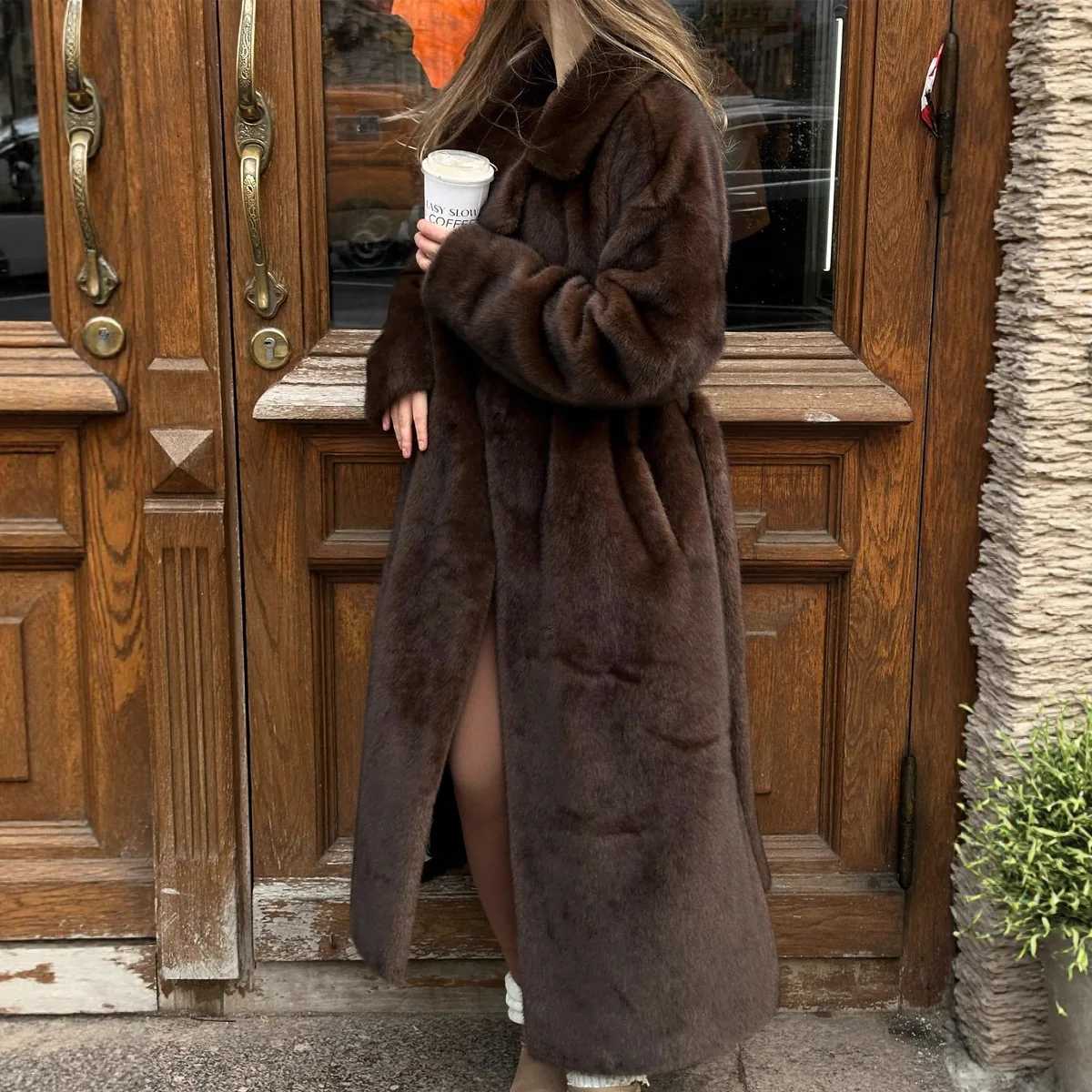 Long Coats Women Faux Fur Y2k Maxi Overcoat Lace Up Turn Down Collar Full Sleeve Thick Loose Elegant Jackets Autumn Winter 2025T251201