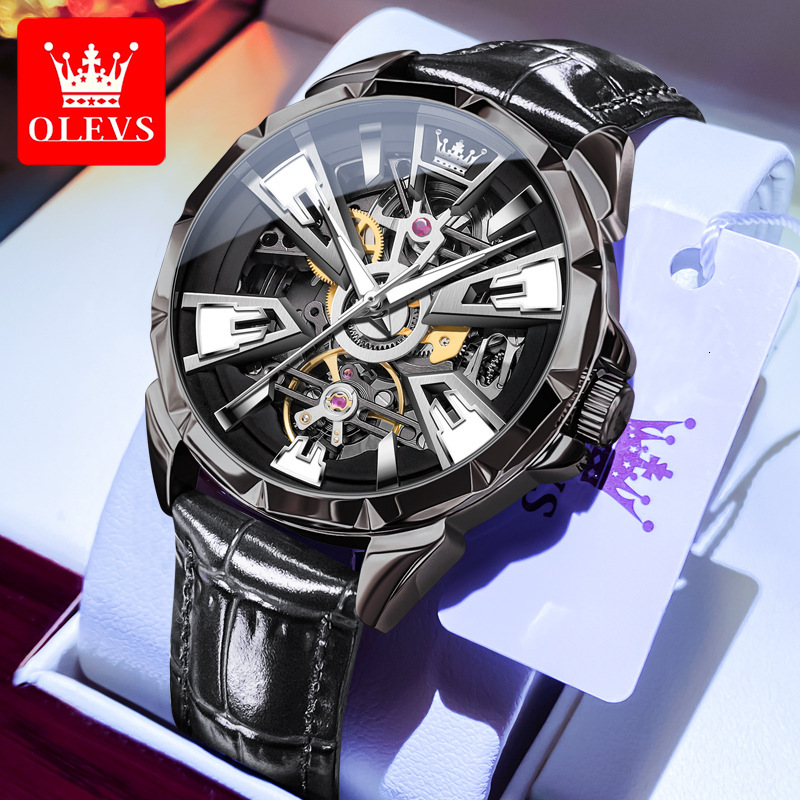 OLEVS Designer Luxury Men's New Business Watch Fashion Leather Strap Hollow Out Mechanical Luminous Waterproof Outdoor Sports Watch Free Shipping