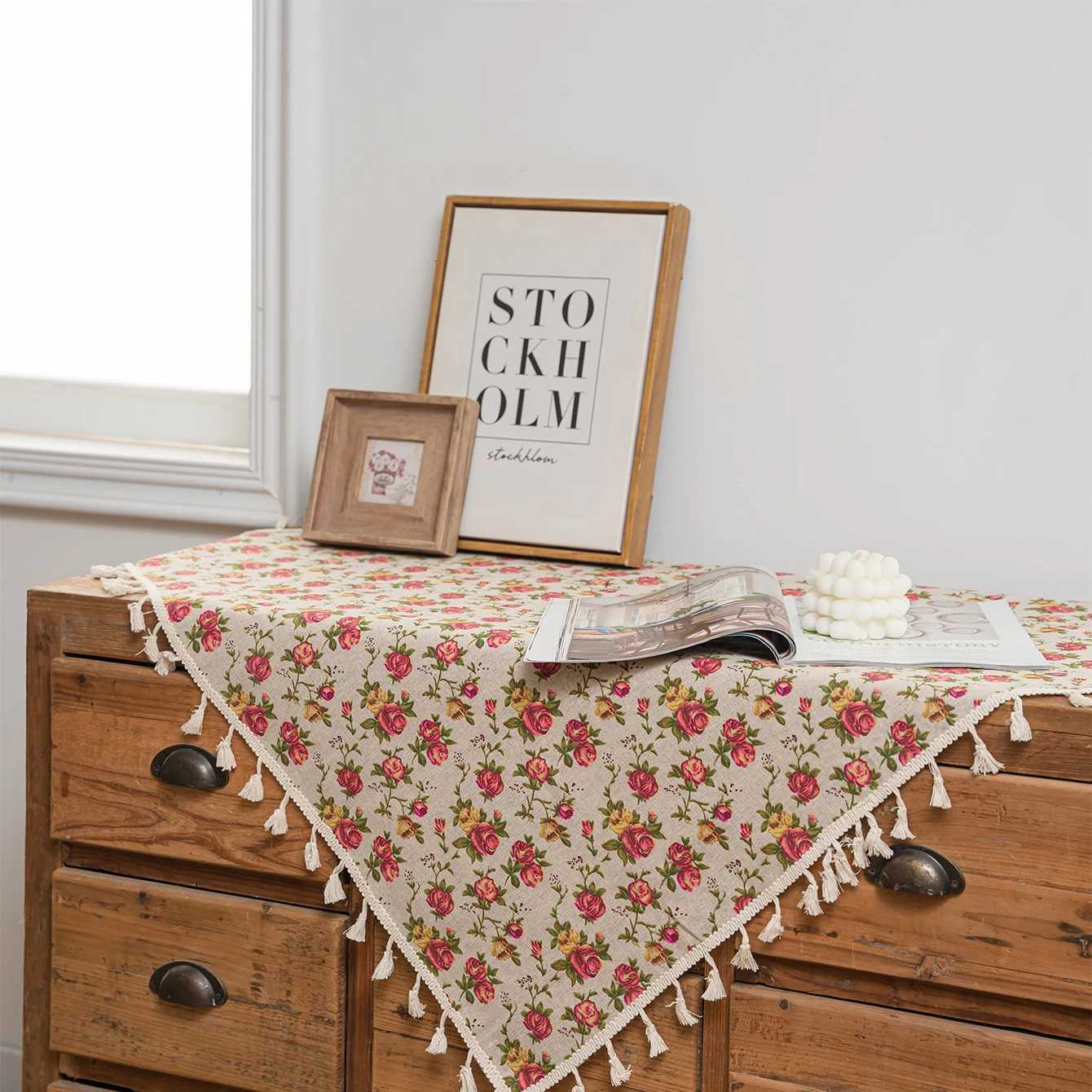 1 set of rose decorative tablecloths Bohemian style polyester fiber square tassel decorative tablecloths Y251201