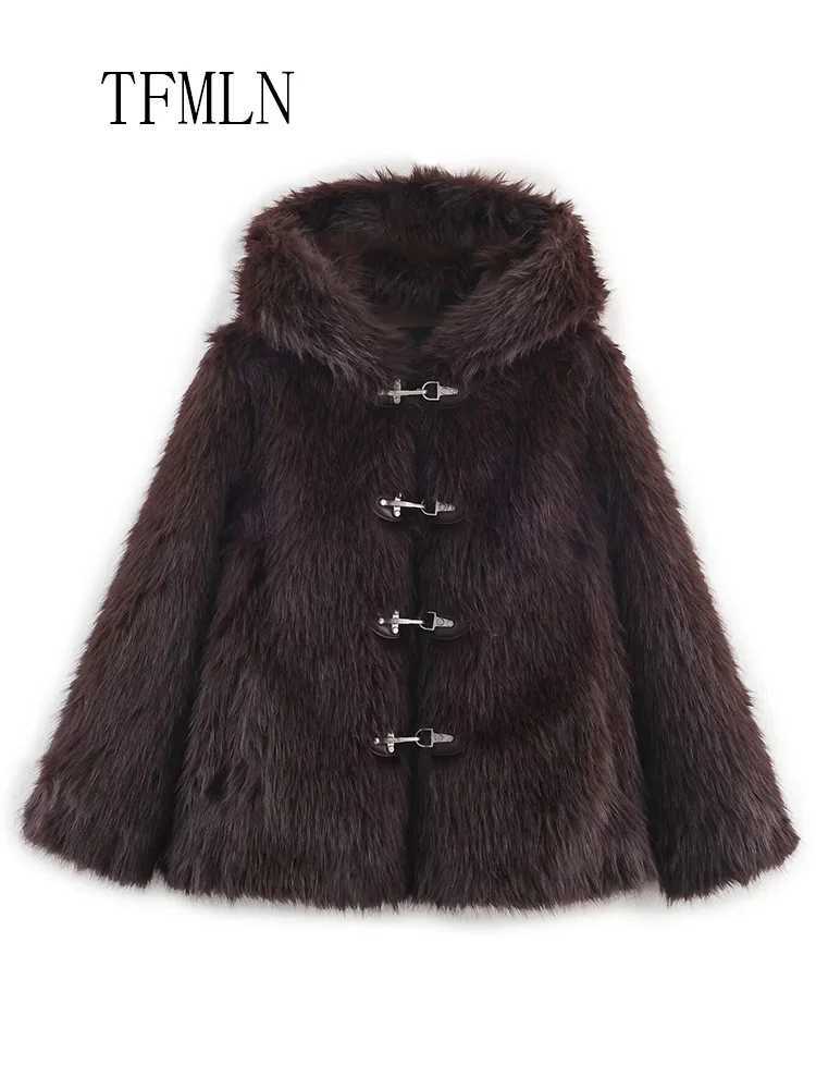 2025 Autumn Winter Women Faux Fur Jackets Luxury Thick Warm Hooded Loose Fur Coats Chic Causal Fashion Girls Furry OvercoatT251201