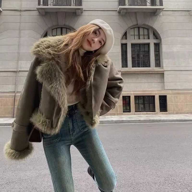 2025 Autumn and Winter New Fur Integrated Jacket Suede Short Motorcycle Suit Womens Slimming Korean Version Casual JacketT251201