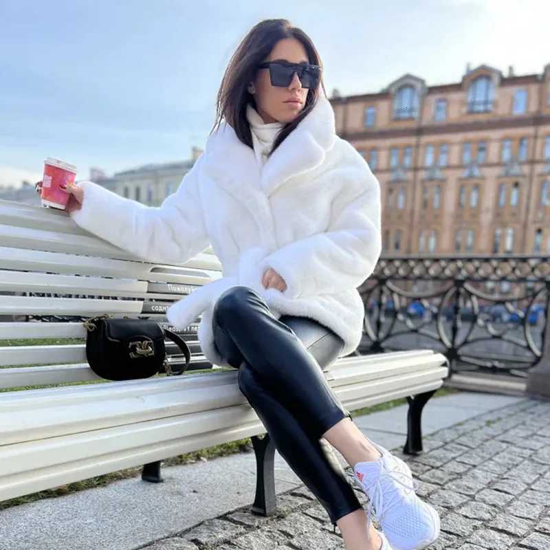 White Womens Winter Belted Artificial Fur Coat Turn Doen Colar Thickned Ladys Faux Fur Jacket Temperament Mink Coat For FemaleT251201