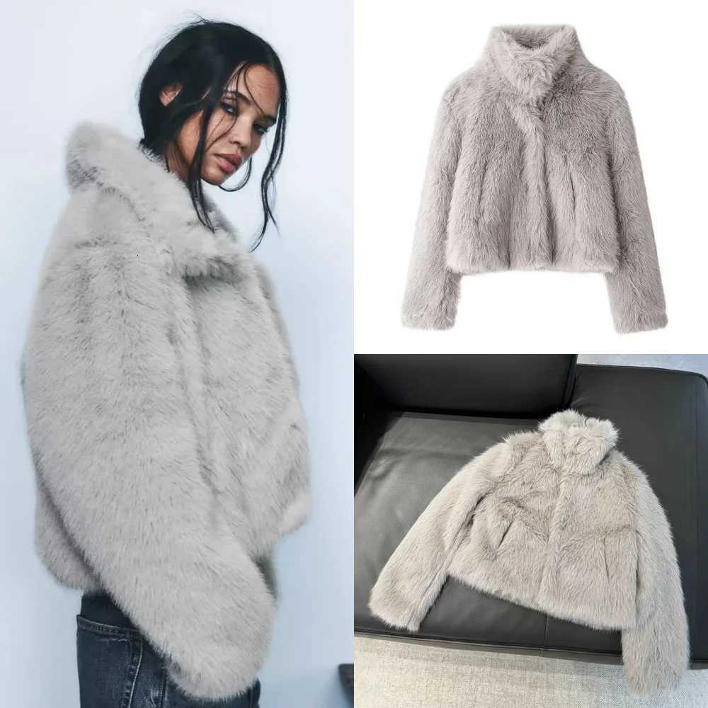 2024 Women Fashion Cropped Faux Fur Jacket Coat Long Sleeve Front Snap-button Female Outerwear Chic Lapel Collar Thick CoatT251201