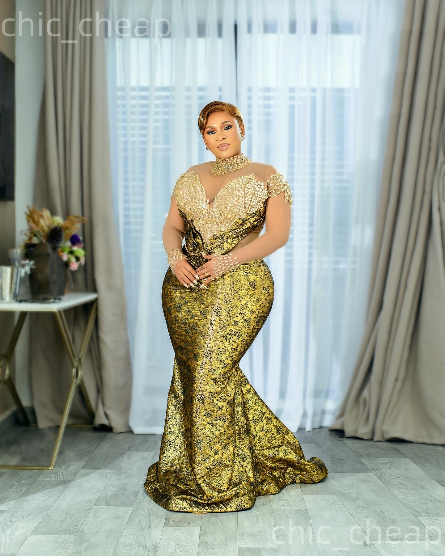 Aso Ebi Gold Mermaid Prom Dresses 2026 Printed Crystals Illusion Evening Formal Party Second Birthday Engagement Gowns Plus Size Dress For Special Occ