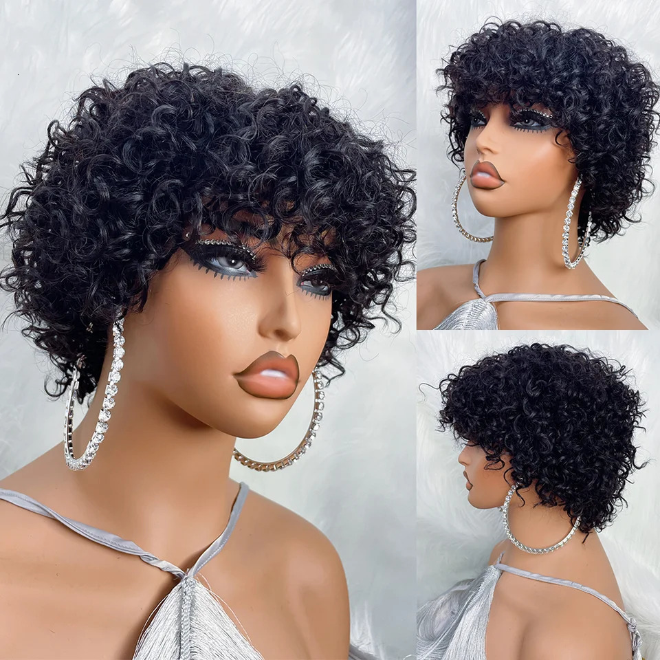 Pixie Cut Human Hair Wigs For Black Women Afro Rose Curly Funmi Glueless Wigs with Bangs Short Bouncy Curly Bob Wig With Bangs 251201