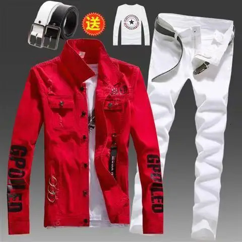 Mens Slim Fit Denim Jacket Pants 2pcs Set Long Sleeve Coats Letters Printed Casual Large Size Black White Red Boys Trousers251129
