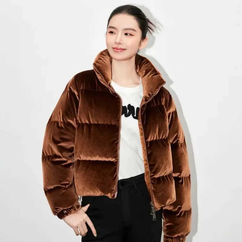 2025 Warm Velvet Down Coat Stand Collar Puffer Jacket Zipper Down Jacket Vintage for Women Trend Luxury Oversize Outerwear ChicT251201
