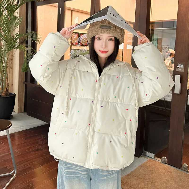 2025 Sweet Colorful Dot Winter Jacket Woman Korean Drawstring Hooded Parkas Women Thicken Warm Puffy Down Cotton Coat MujerT251201