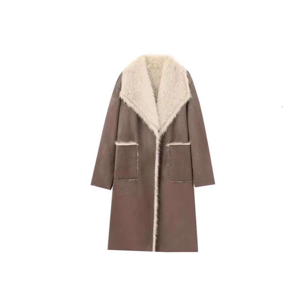 Vintage Fur Leather Long Jackets Women Casual Lapel Big Pockets Thicken Warm Coats Female 2024 Winter Chic Loose Outwears LadyT251201