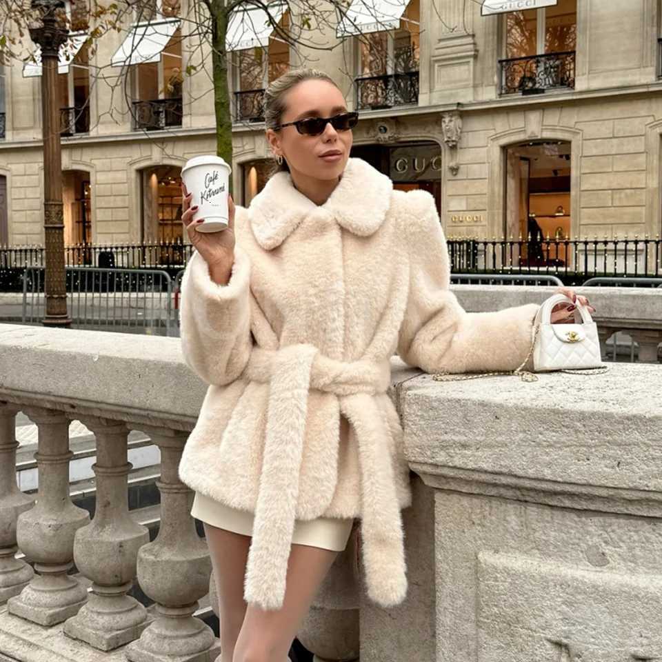 KONDALA 2025 Fall Winter Faux Fur Women Streetwear Coats Fashion Elegant Sashes Turndown Collar Chic Ladies Solid CoatsT251201