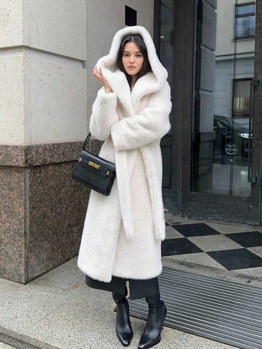 Women Faux Fur Long Coats Hooded Overcoats Lace Up Full Sleeves Open Stitch Thick Loose Jackets Elegant 2025 Autumn WinterT251201