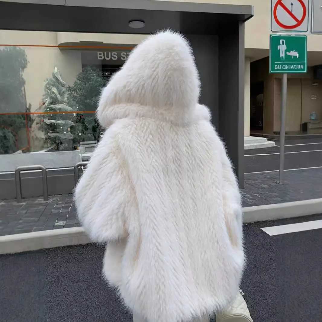 2025 Winter Women Loose Artificial Fur Jacket Plush Fur Trim Hooded Mink Fur Coat For Female Minimalist Lady Eco Fur OutwearT251201
