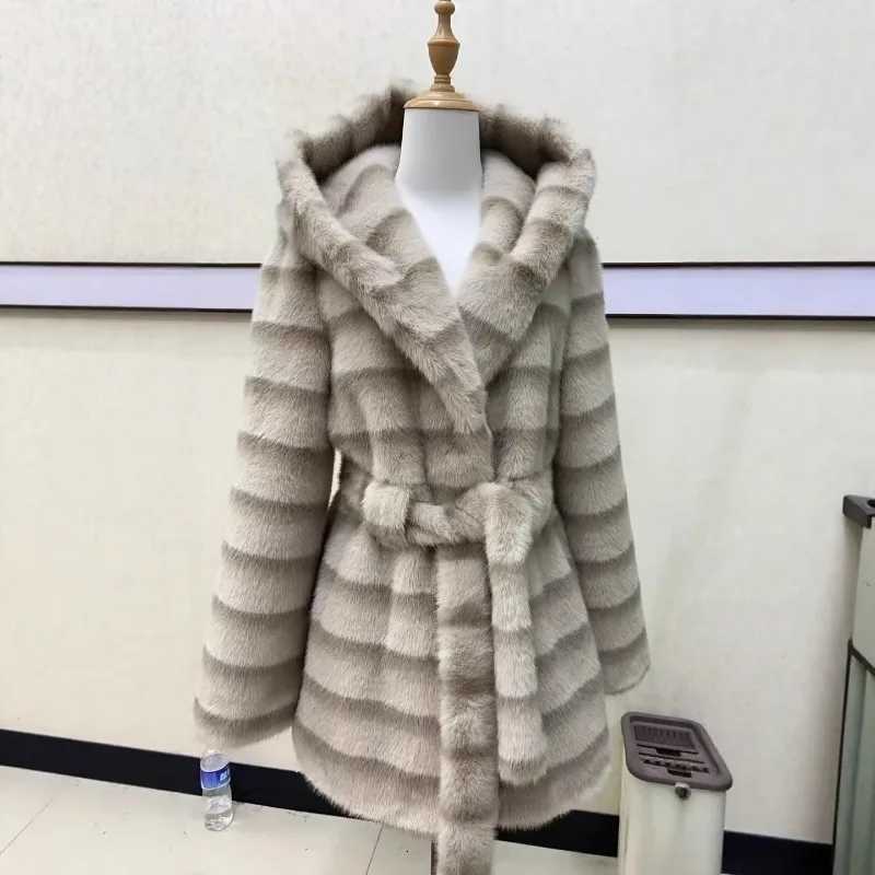 New Luxury High Quality Fur Coat Women Thickened Warm Winter Mink Faux Fur Fashion Belted Hooded Jacket Long Sleeves Top TrendyT251201