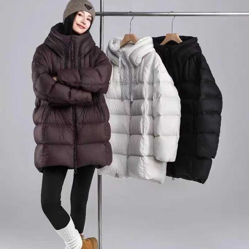 Winter Solid Hooded Mid Length Down Jacket Women 90 White Duck Down Loose Down Jacket Female Warm Double Zipper Parker OutwearsT251201