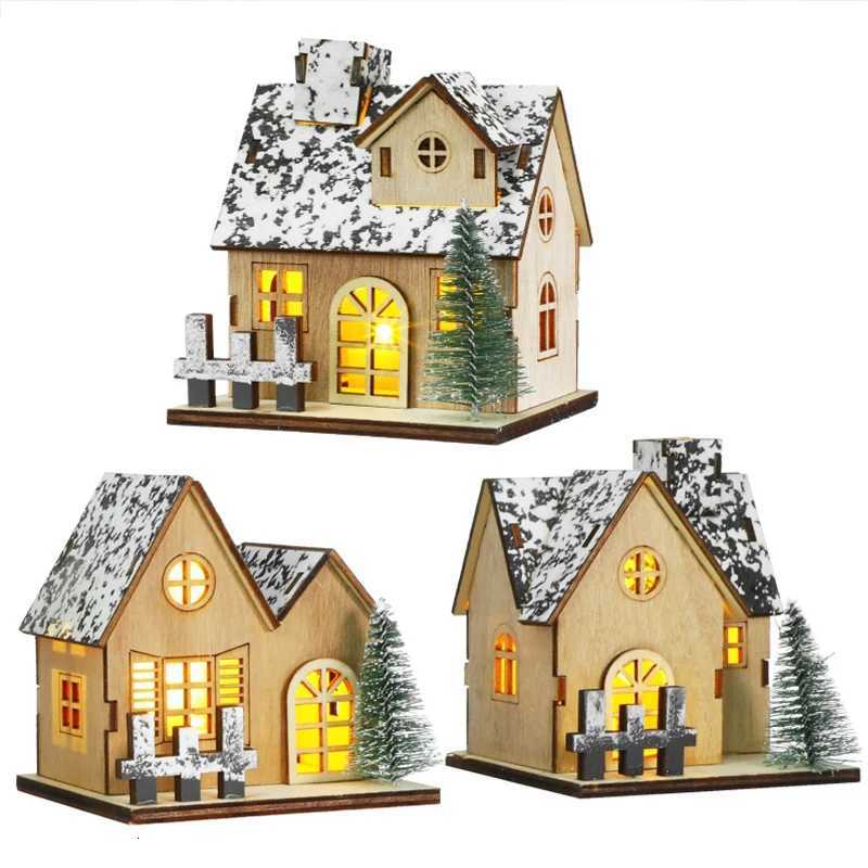 LED Wooden Christmas House Village Unfinished Xmas Snow House DIY Wood Cht Tree Ornaments Christmas Table Centerpieces H251129