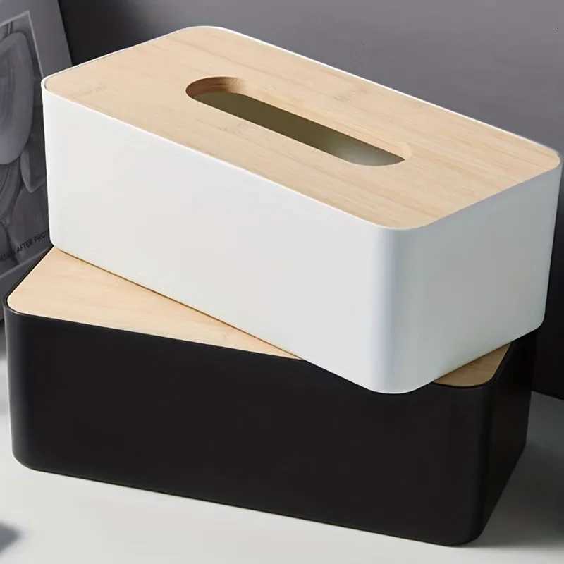 Wood Grain Tissue Box with Lid - Waterproof Bathro Organizer Plastic Cover for Countertop Vanity Off Space Saving H251201