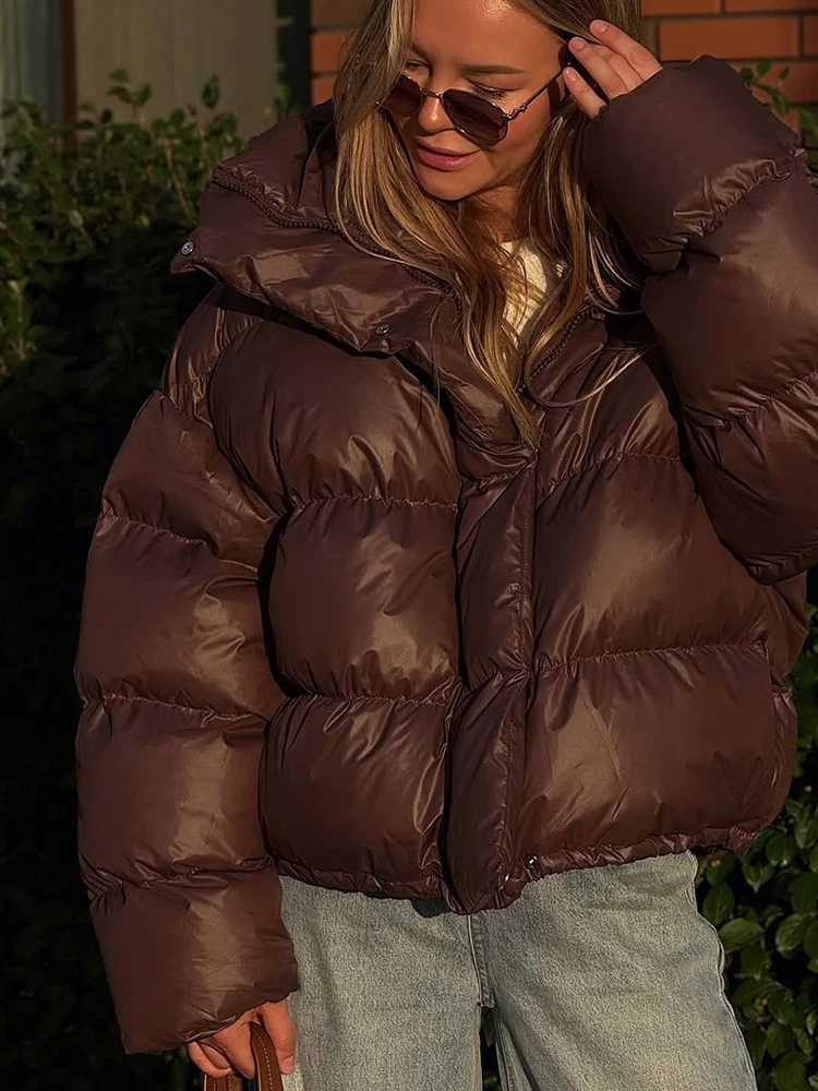 Women Hooded Short Cotton Coat Casual Brown Stand Collar Full Sleeve Loose Jacket Chic Autumn Lady Winter Office Commute OutwearT251201