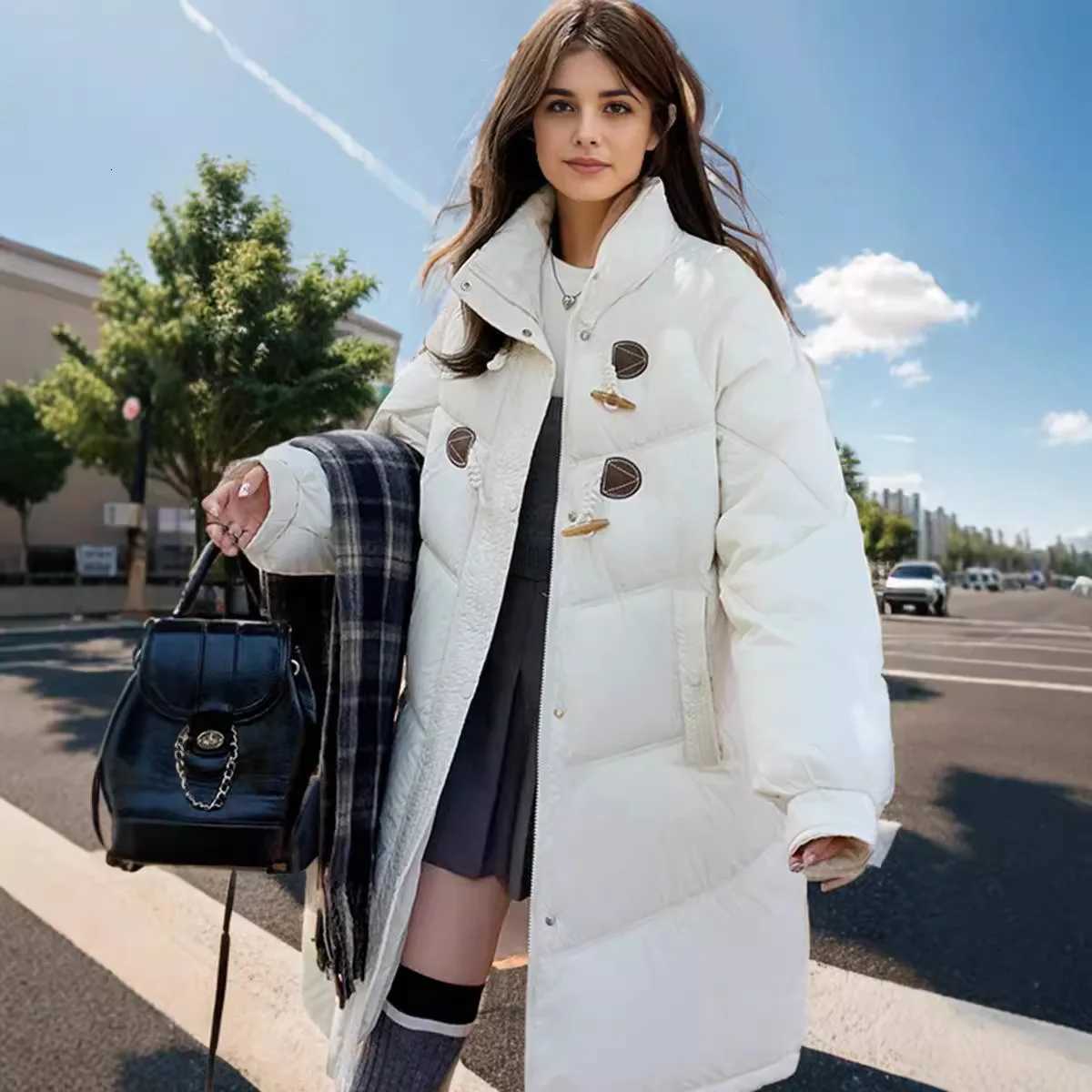 2025 Winter Womens Long Jacket Female Hooded Casual Thicken Warm Parkas Coats Horn Button High Collar Cotton Jacket For LadyT251201