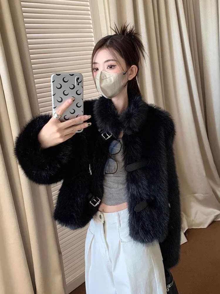 Korean Fashion Black Elegant Belt Button Fall Autumn Winter Warm Furry Coat Imitation Mink Velvet High Street OutwearT251201
