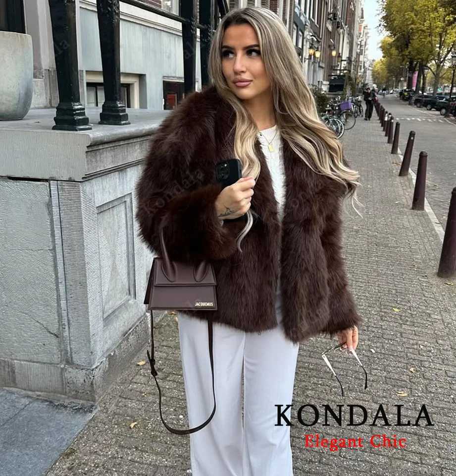 KONDALA Elegant Fur Coat Women Fall Winter Fashion Warm Faux Fur Brown Coat 2025 New Fashion Vintage Casual Female Jacket CoatT251201