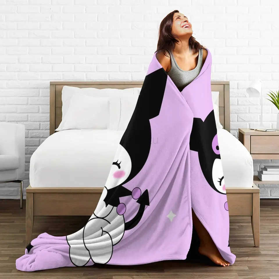 Sanrio Sanrios Kuromis Soft Warm Blankets Purple Loves Girls Boys Plush Throw Blanket Pattern Bedroom Flannel Bedspread Sofa Bed Cover H251201