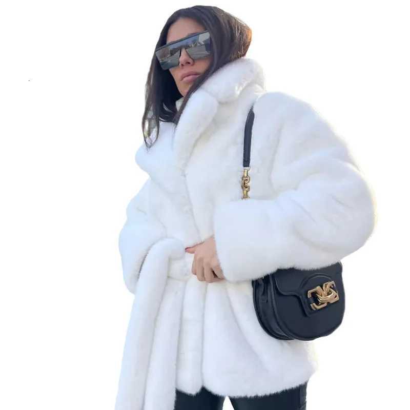 White Womens Winter Belted Artificial Fur Coat Turn Doen Colar Thickned Ladys Faux Fur Jacket Temperament Mink Coat For FemaleT251201