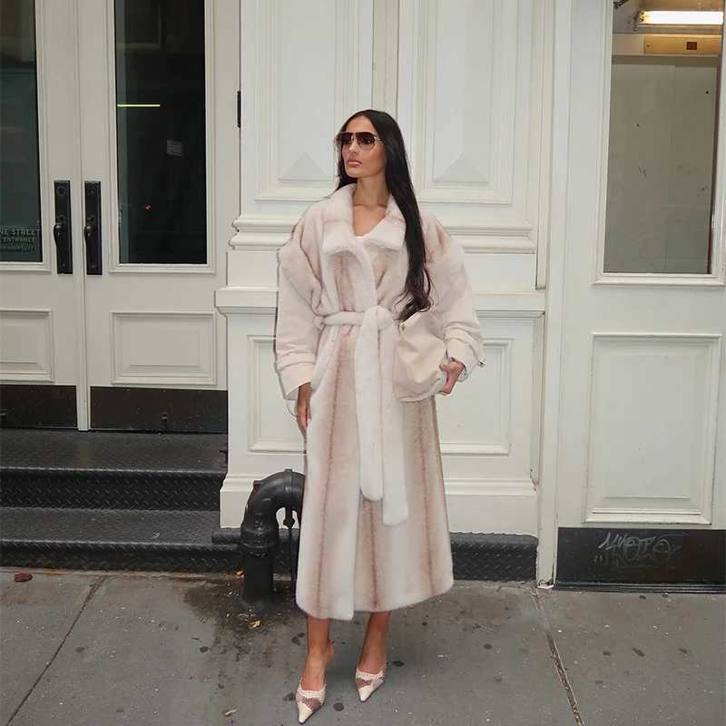 Thicken Womens Winter Coat Luxury Faux Fur Long Jacket with Belt Lapel Short Sleeve Loose Outwear 2025 New Warm Lady CoatsT251201