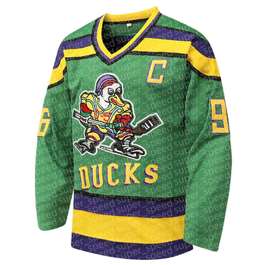 Men's ice hockey jersey V-neck green duck Conway 96, embroidered classic fashion fit casual holiday, polyester long sleeved shirt, suitable for o