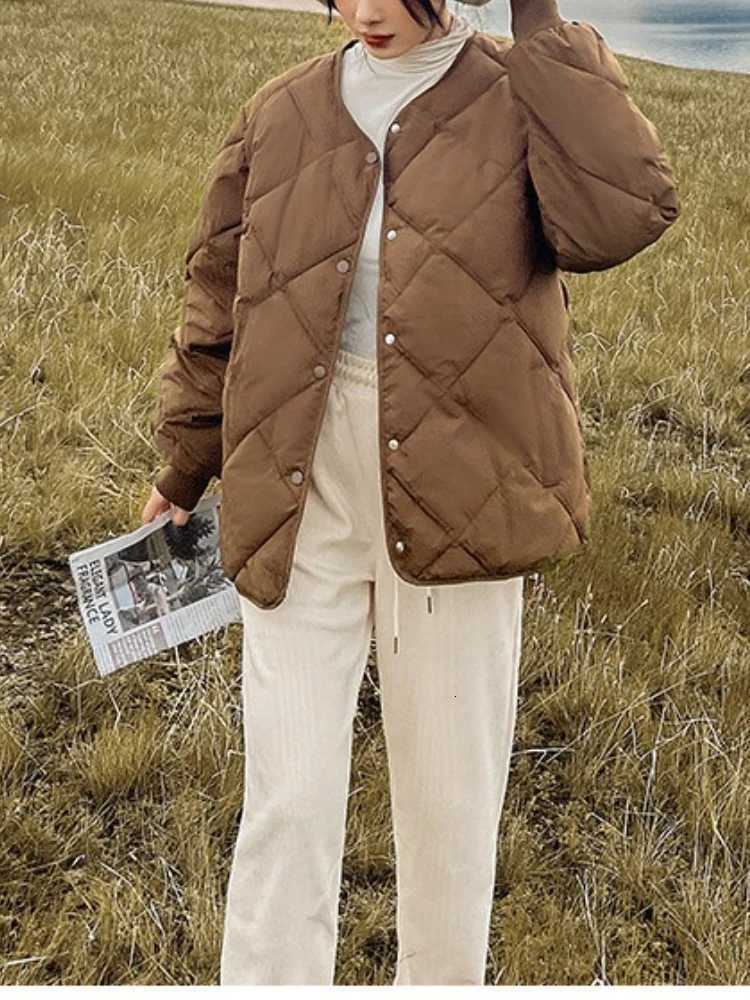 New in Winter Cotton-Padded Jacket for Women New Versatile Lightweight Rhombus Plaid Cotton-Padded Jacket Simple and StylishT251201