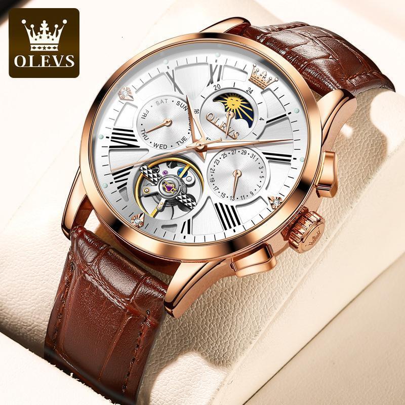 Watches Men Designer OLEVS Trend Waterproof Multi-functional Mechanical Watch Sun And Moon Skeletonized Luminous Skeleton Men's Wristwatch Free S