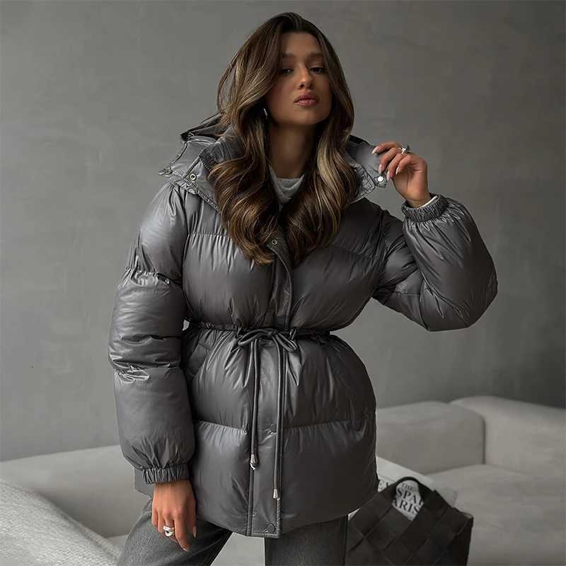 Womens Hooded Down Jacket Drawstring Waist Warm Parker Coat Solid Pocket Zipper Outwear 2025 Winter Thicken Long Sleeves CoatsT251201
