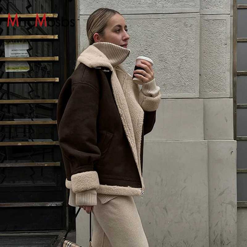 Warm Thicken Women Faux Lambswool Loose Jacket Traf 2024 Winter Long Sleeve Faux Suede Coat Female Casual Top Y2K ClothesT251201