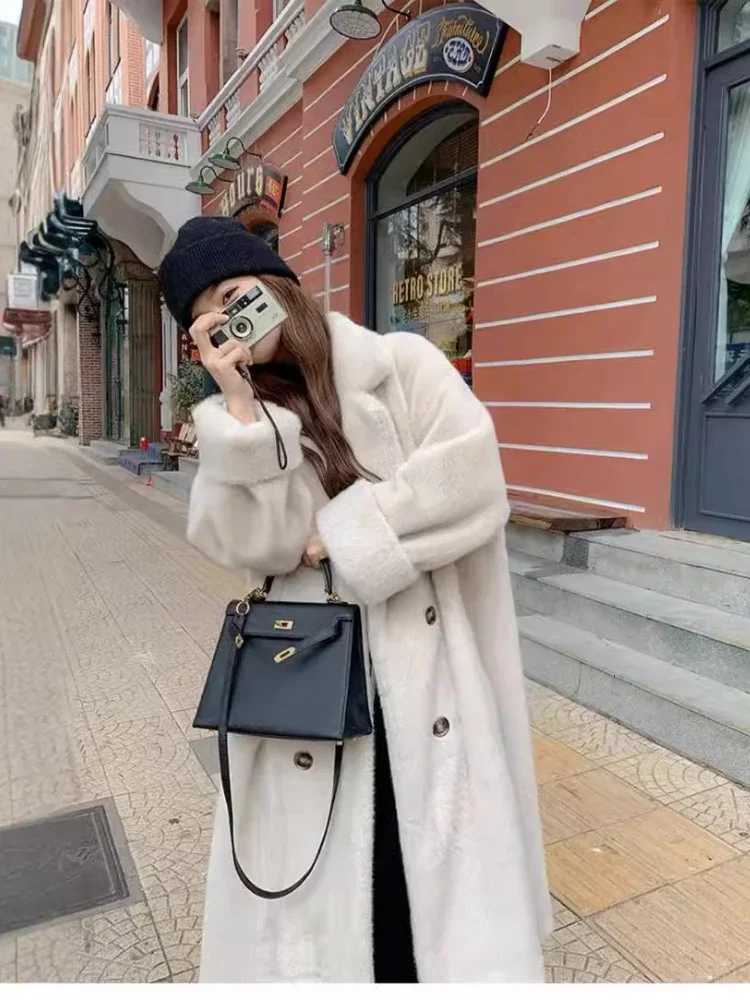 Autumn Winter Imitation Rabbit Fur Thickened Warm Suit Collar Long Coat High Quality Boutique Long Sleeve Double-breasted CoatT251201