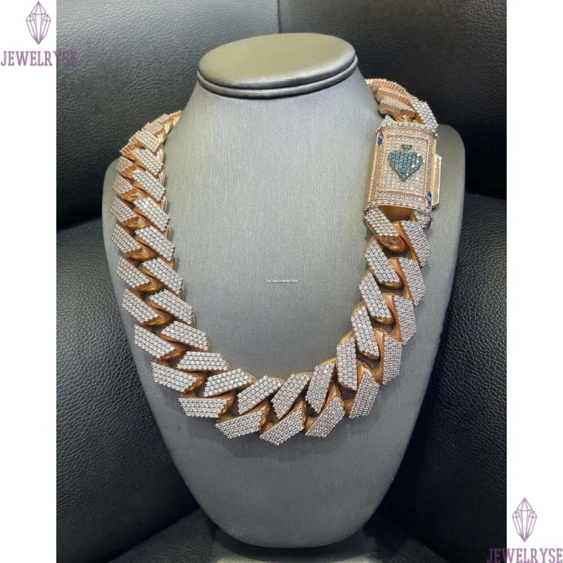 Fully Iced MOISSANITE 20mm Cuban k Hip Hop Chain Rose Gold Plated Multi Size Available Featuring Dia pass tester
