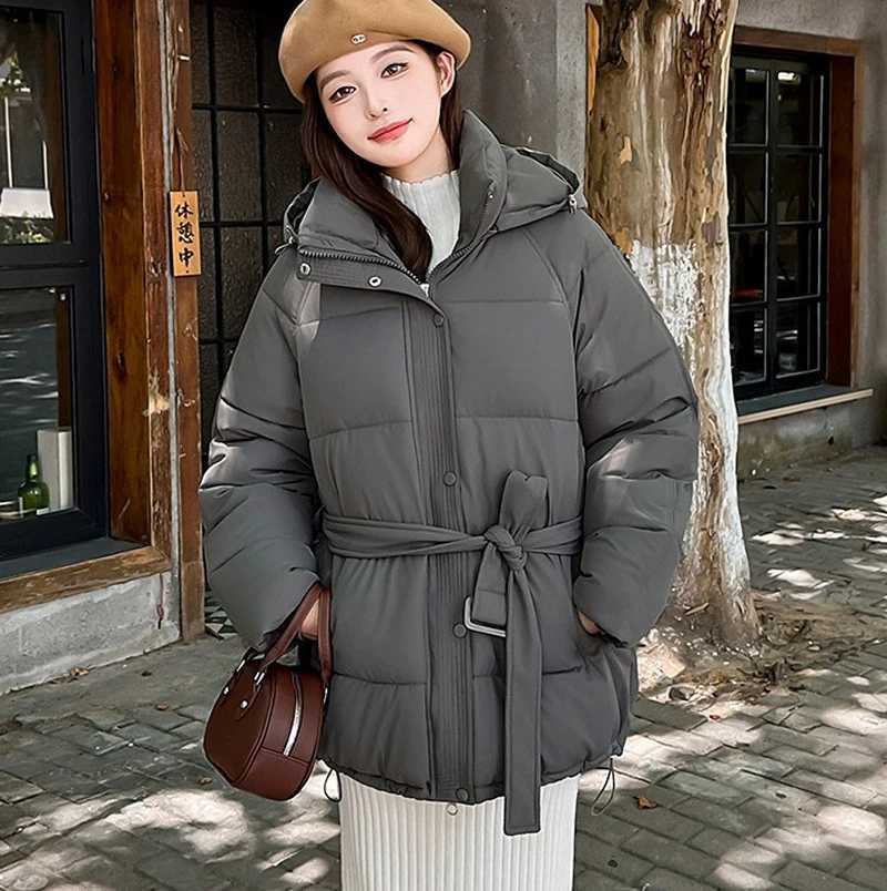 ZAROY Women Winter Hooded Coats Casual Sashes Cotton Parkas Solid Warm All-match Pocket Belted Jacket Outerwears T251201